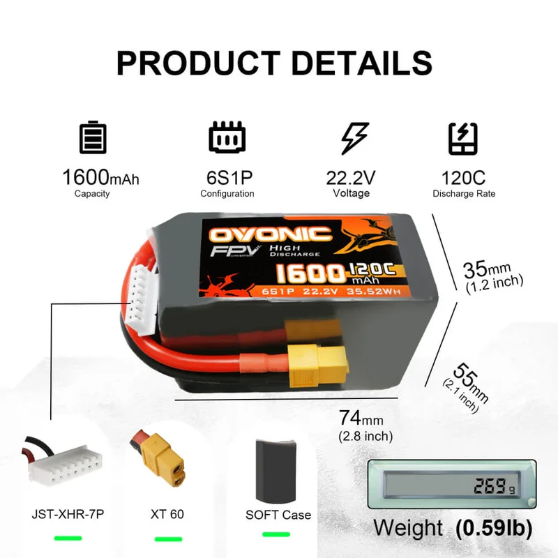Ovonic FPV 6S LiPo Akku 1600mAh 120C 22,2V für FPV-Racing mit XT60-Stecker
