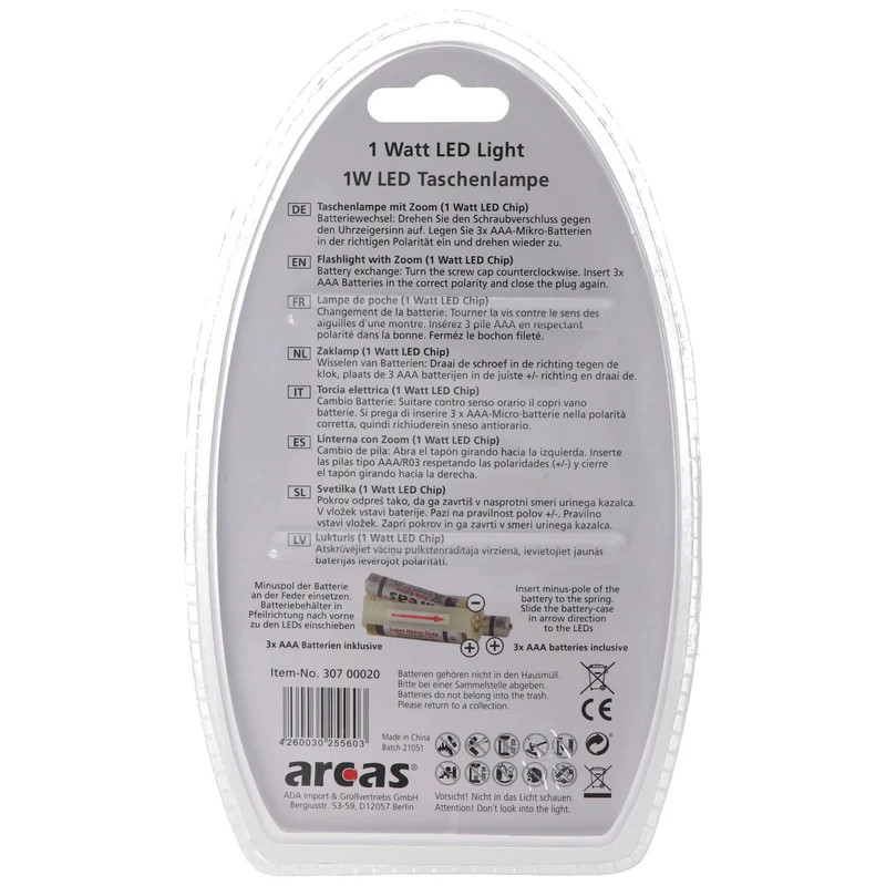 Arcas 1 Watt LED Zoom Taschenlampe mit Zoom max. 60 Lumen inklusive 3 AAA Micro Batterien