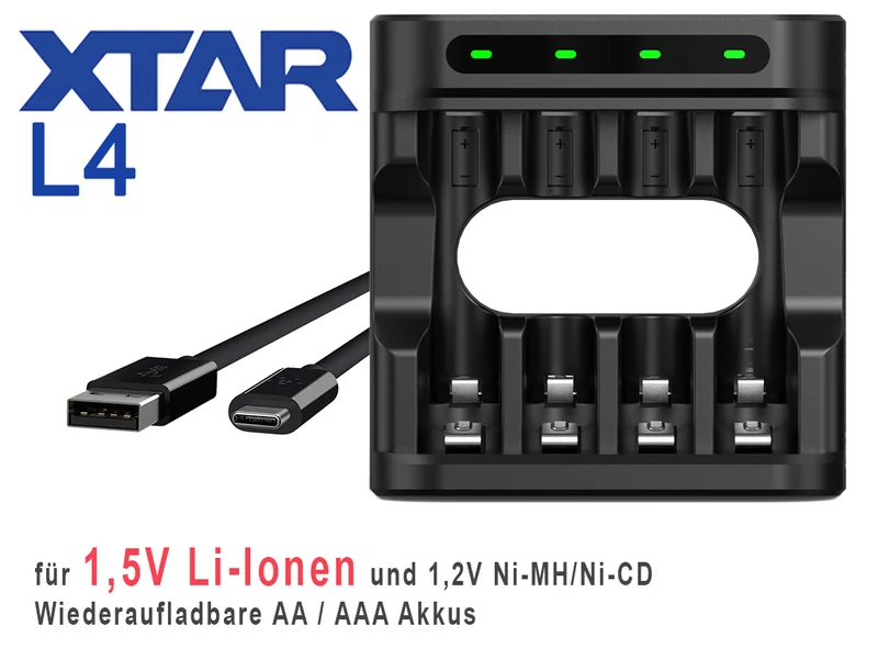 Xtar L4 – Ladegerät, incl. 4x AA (Mignon) LR6 1,5V Li-Ion Akkus mit Akku-Wechselanzeige
