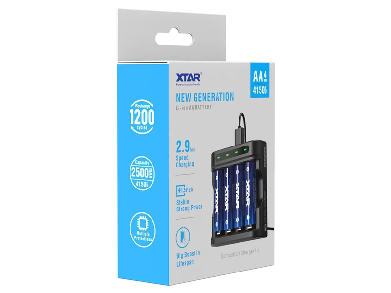 Xtar L4 – Ladegerät, incl. 4x AA (Mignon) LR6 1,5V Li-Ion Akkus mit Akku-Wechselanzeige