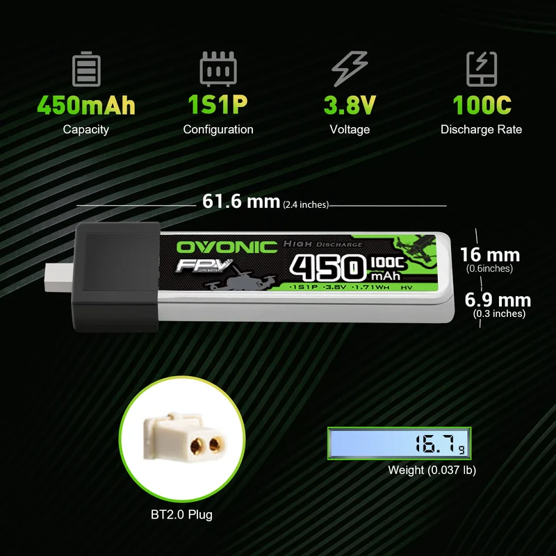 OVONIC FPV 1S 450mAh Lipo Akku 1S1P 35C 3,8V LiHV LiPo-Akku mit BT2.0-Stecker (4 Stück)