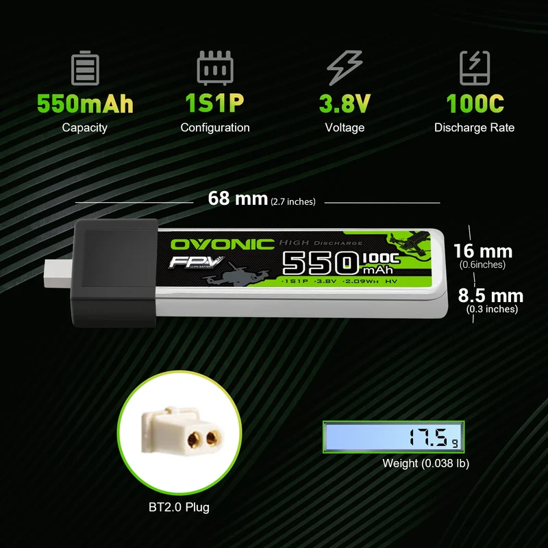 OVONIC FPV 1S 550mAh Lipo Akku 1S1P 100C 3,8V LiHV LiPo Akku mit BT2.0 Stecker (4 Stück)