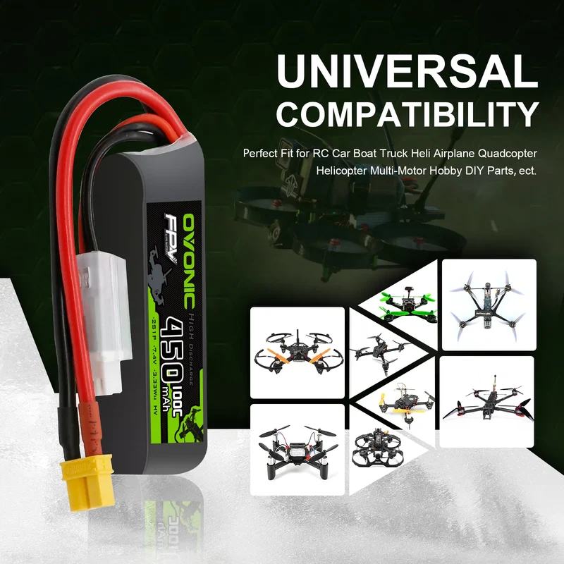 OVONIC FPV 2S 450mAh Lipo Akku 2S1P 100C 7,4V LiPo Akku mit XT30 Stecker (4 Stück)