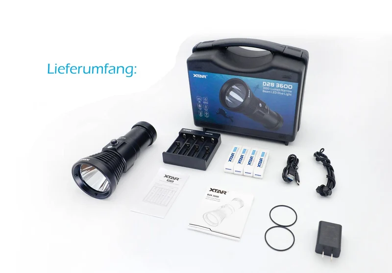 Xtar Taschenlampe D28-3600 SET mit Ladegerät und 4x 18650 Akkus