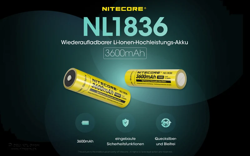 NiteCore Li-Ion-Akku 18650 - 3600mAh, 3,7V - NL1836 PCB geschützt