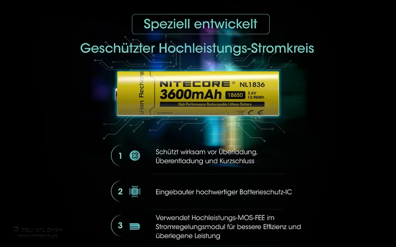 NiteCore Li-Ion-Akku 18650 - 3600mAh, 3,7V - NL1836 PCB geschützt