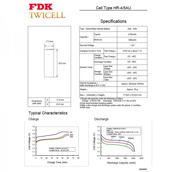 FDK Sanyo HR-4/5AU NiMH 1,2V 2150mAh Akku 4/5A mit 1-er Print beidseitig
