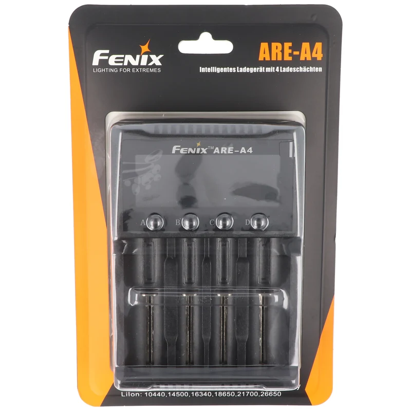 Fenix ARE-A4 Ladegerät für Li-ion 18650, 21700, AA, AAA, C, 26650 lädt bis max. 76mm Länge