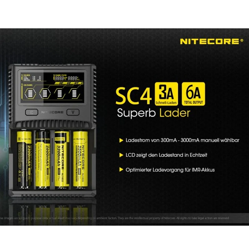 Nitecore SC4 Schnell-Ladegerät passend für fast alle Li-Ion, NiMH und LiFEPO4 Akku