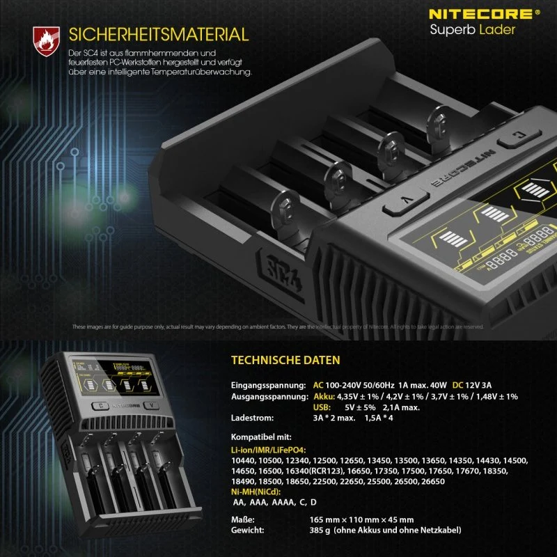 Nitecore SC4 Schnell-Ladegerät passend für fast alle Li-Ion, NiMH und LiFEPO4 Akku