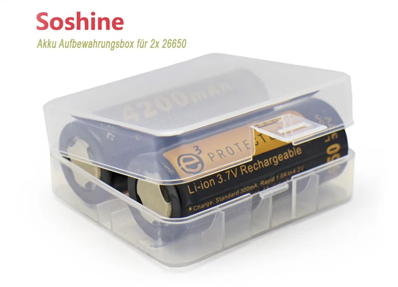 Soshine Akku-Aufbewahrungsbox für 1 oder 2x 26650 max. Akkulänge bei 71,2mm