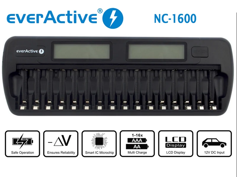 everActive NC-1600 Mikroprozessor-gesteuertes NIMH Ladegerät mit LCD-Display für 1-16 AA/AAA Akkus