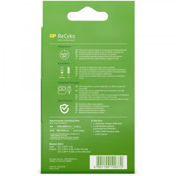 USB-Modell Ladegerät GP B421 Basic-Line 4 x ReCyko AA 2100 mAh