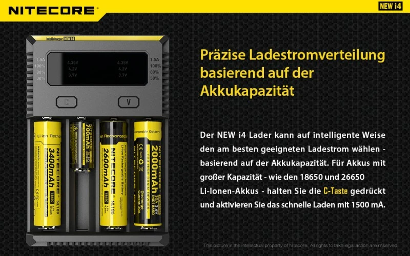 Nitecore Ladegerät Intellicharge NEW i4 mit 4 Ladeschächten NC-i4