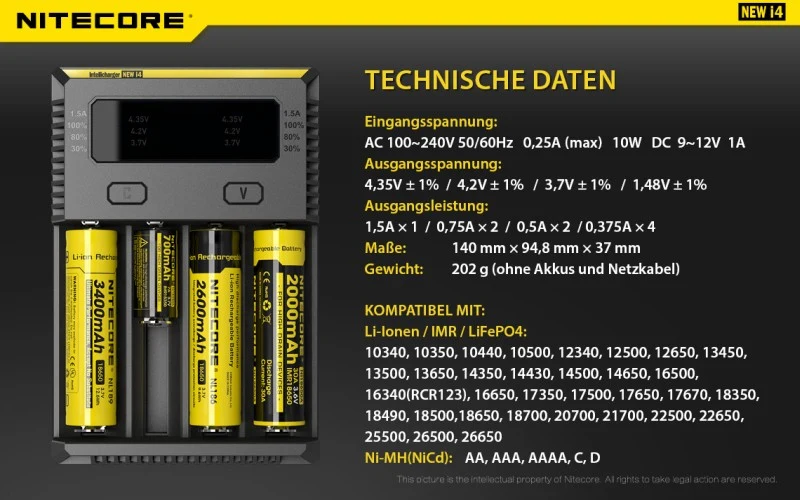 Nitecore Ladegerät Intellicharge NEW i4 mit 4 Ladeschächten NC-i4