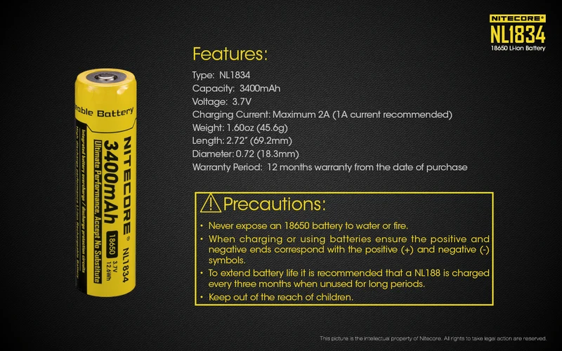 NiteCore Li-Ion-Akku 18650 - 3400mAh, 3,6V - 3,7V - NL1834
