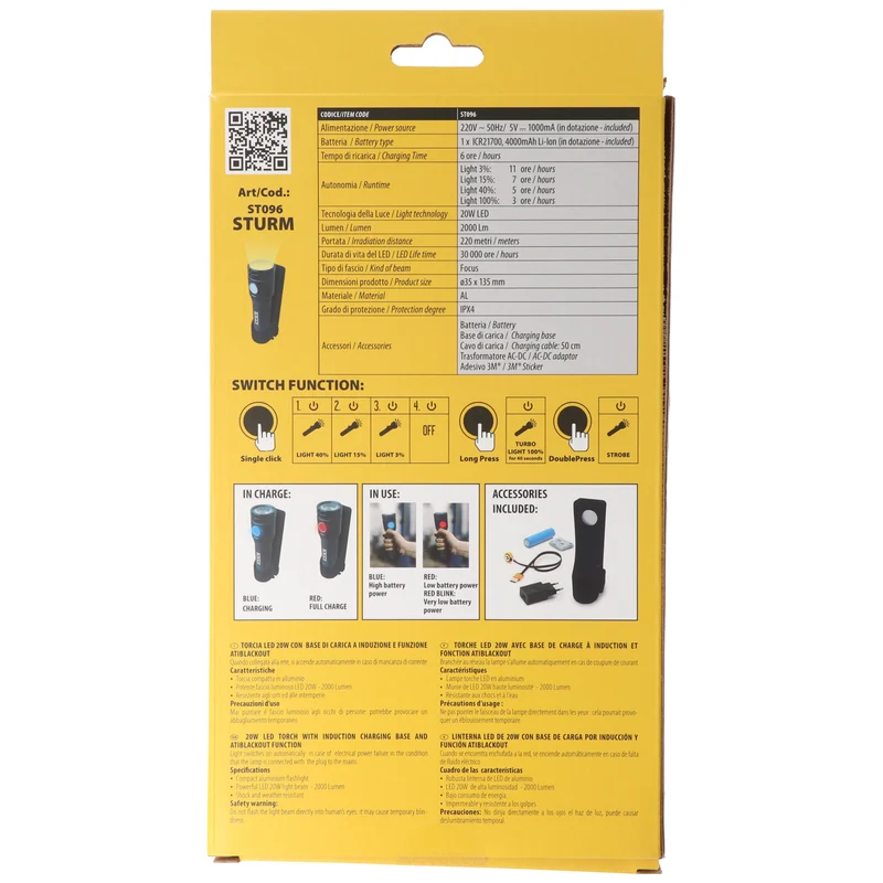 Velamp STURM: Wiederaufladbare LED-Taschenlampe 2000 Lumen, Anti-Blackout mit Wandhalterung