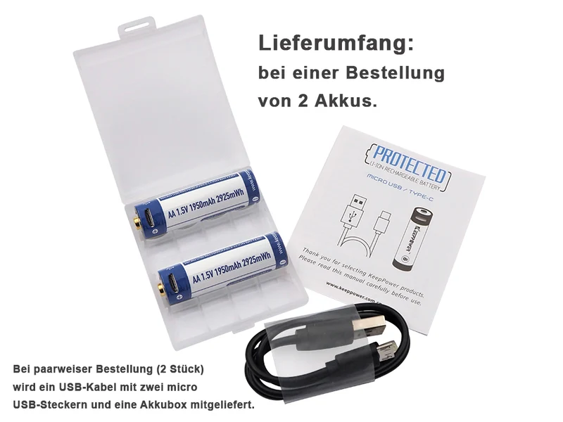 Keeppower AA 1,5V 2925mWh (ca. 1950mAh) Lithium Ionen Akku (Wiederaufladbar über micro USB)