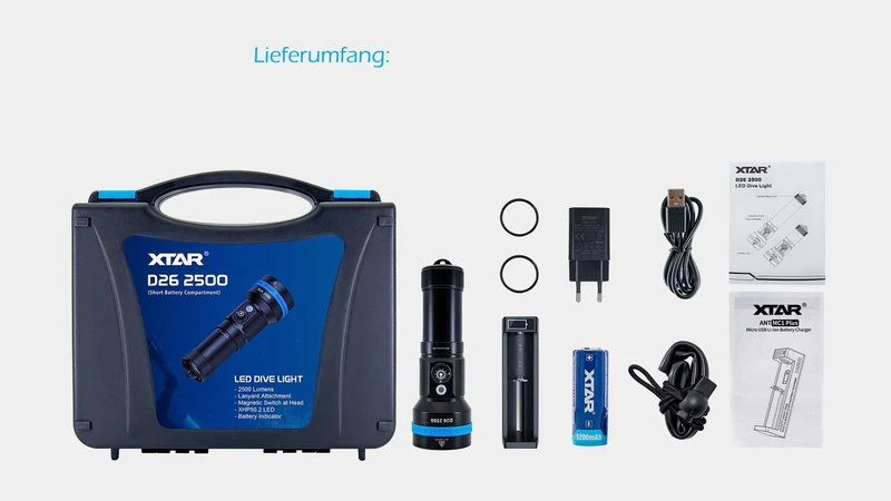 Xtar Taschenlampe D26-2500 kurze Version SET mit 1x26650 Akku und Ladegerät