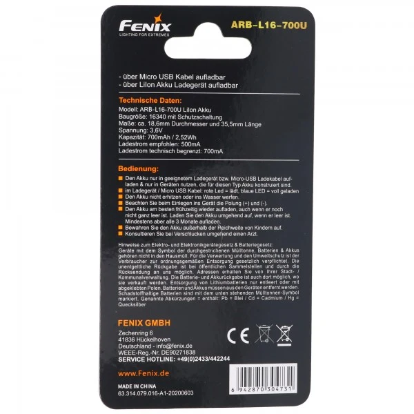 Fenix CR123 A Li-Ion Akku mit integrierter USB-Ladefunktion 3,6 Volt mit 700mAh und AccuCell Akkubox (kein extra Ladegerät notwendig)