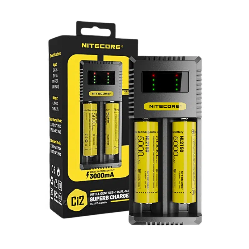 Nitecore Ladegerät CI2, intelligentes 2fach Schnell-Ladegerät mit USB-C Ladeport, lädt Li-Ion, NiMH und NiCd Akkus