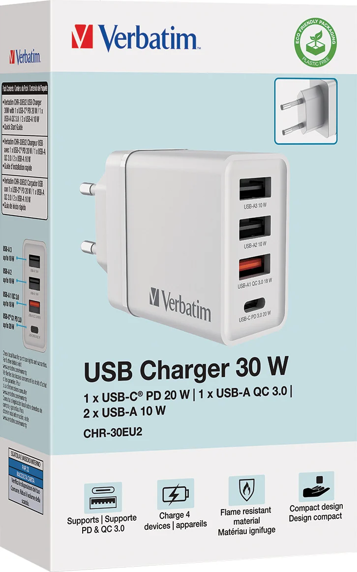 Verbatim Ladeadapter, CHR-30EU1, 30W, GaN, schwarz 2x USB-A, 1x USB-A QC, 1x USB-C PD, Retail