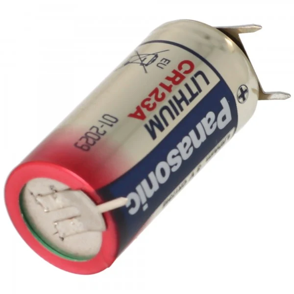 Panasonic CR123A Batterie mit 3er Printanschluss 2er Print + 1er Print - Kontakten, Spannung 3 Volt Rastermaß 10mm