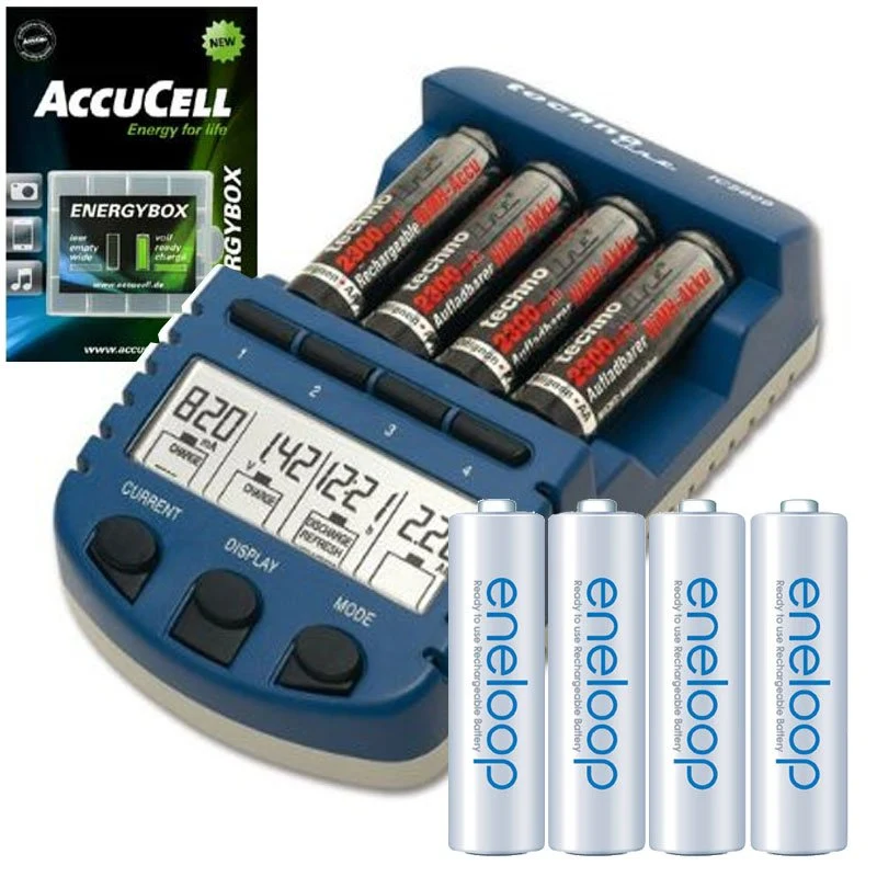 Technoline BC 1000 Akku-Ladegerät blau mit Panasonic eneloop Standard AA Mignon Akkus HR-3UTGB und AccuCell Akkubox