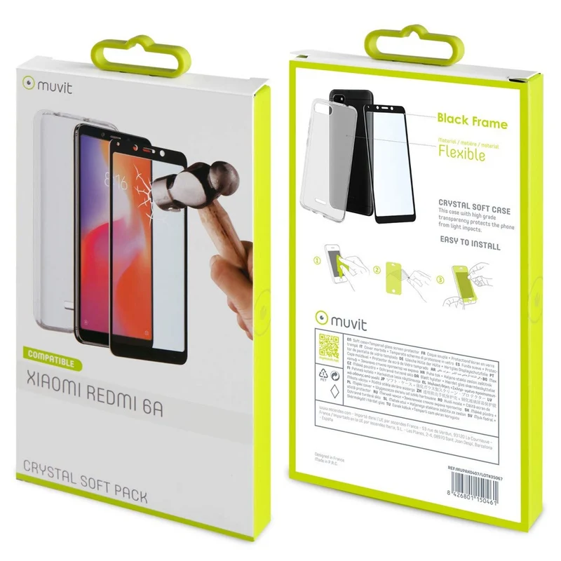 Muvit Crystal Soft Pack mit Backcover und Displayschutz aus Glas für Xiaomi Redmi 6A