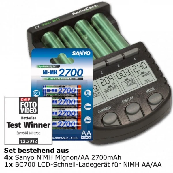 AccuCell Schnelladegerät, Entladefunktion + LCD-Display +4x Sanyo 2700mAh