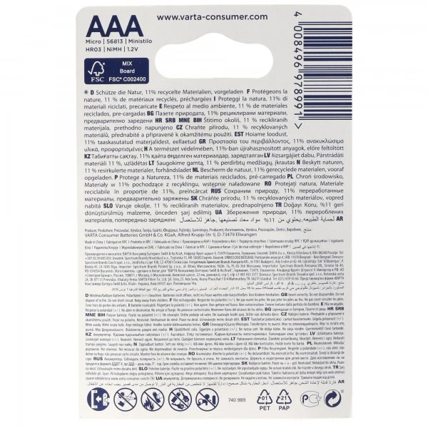 Varta Recycled AAA LR03 Akku NiMH 800mAh 1,2V 2 Stück