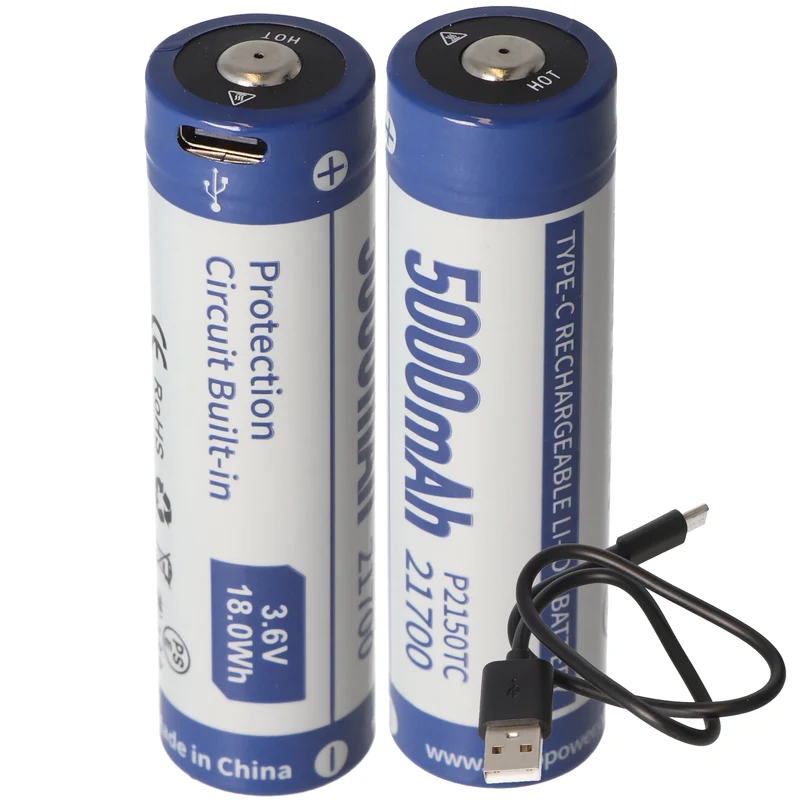 Keeppower 21700 3,7V 5000mAh PCB Schutz inkl. USB-C P2150TC (ohne Kabel) Li-ion Akku (2 Stück)