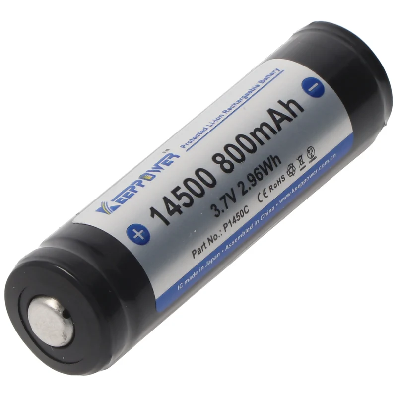 Keeppower 14500 mit 800mAh, 3,7V Li-Ion-Akku geschützt, 52 x 14,3mm Abmessungen