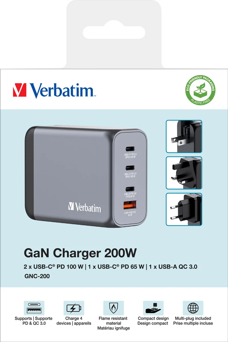 Verbatim Ladeadapter, Universal, GNC-200, GaN, 200W, grau 1x USB-A QC, 3x USB-C PD, Retail