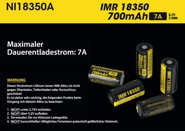 Nitecore 18350 IMR 3,7V 700mAh erhöhter Pluspol ungeschützt Li-Ion Akku
