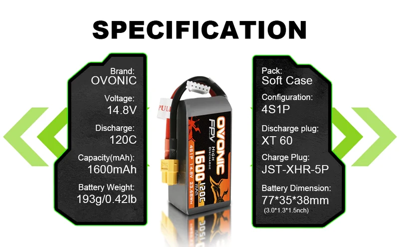 Ovonic FPV 4S 1600mAh 120C 14,8V FPV Racing XT60 LiPo Akku (2 Stück)