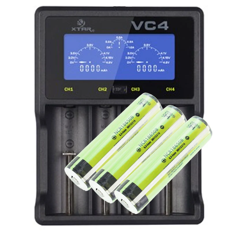 Panasonic 18650 Li-Ion Akku geschützt mit 3,7 Volt, 3400mAh 3 Stück und LCD-Schnell-Ladegerät