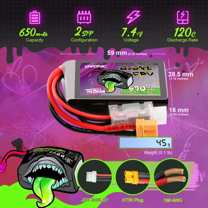 Ovonic Rebel 2.0 2S 650mah 7,4V 120C XT30 Lipo Akku (2 Stück)