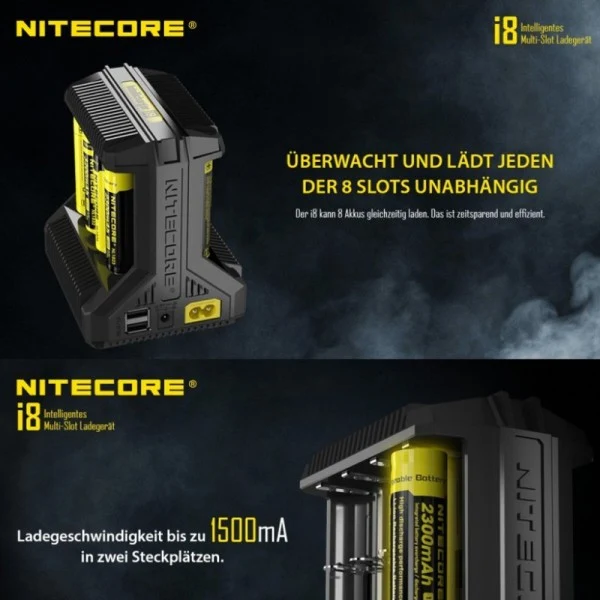 Nitecore 8fach Schnell-Ladegerät lädt 1 bis 8 Stück Li-Ion, LiFePO4, NiMH Akku 18650, AAA, AA