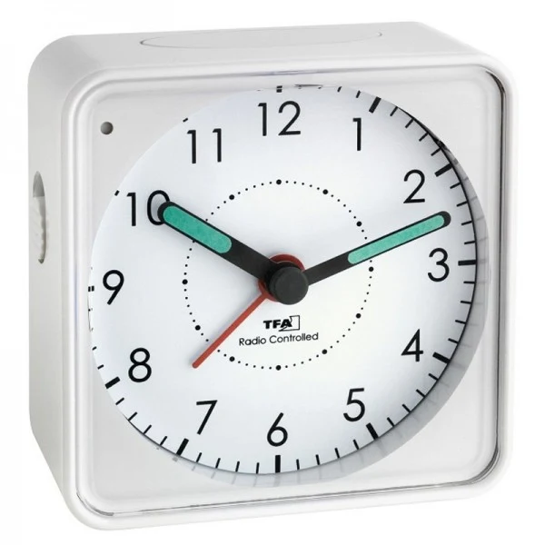 Funk-Wecker Analog mit leisem Uhrwerk, Snooze, weiß inklusive Batterie