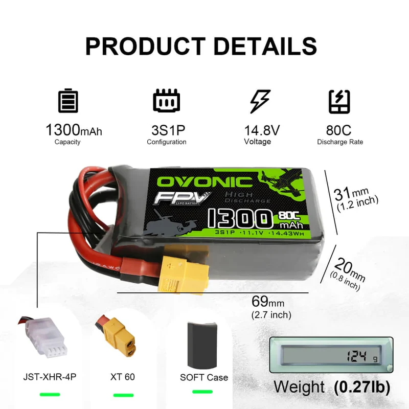 Ovonic FPV 3S 1300mAh 11,1V 80C XT60 Lipo Akku