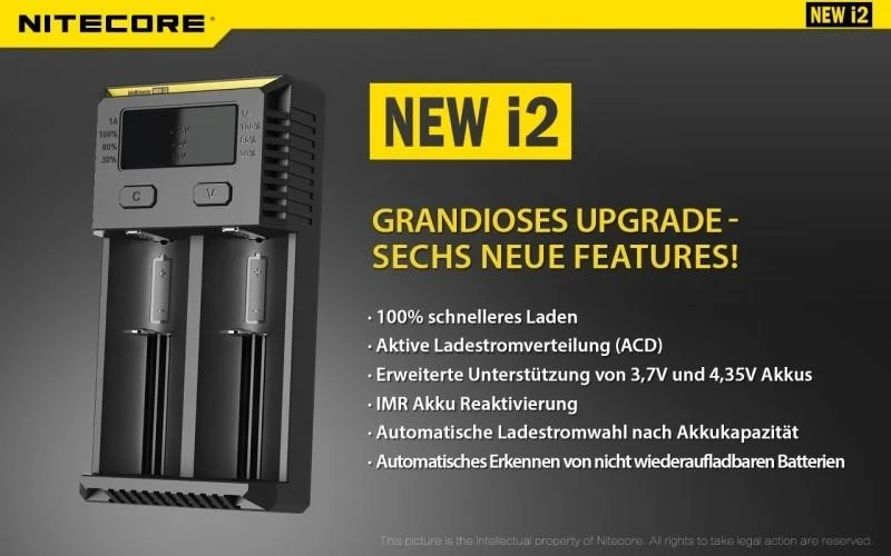 Nitecore NEW i2 - Ladegerät für Li-Ion, LiFePo, Ni-MH, Ni-CD Akkus (Neue Version)