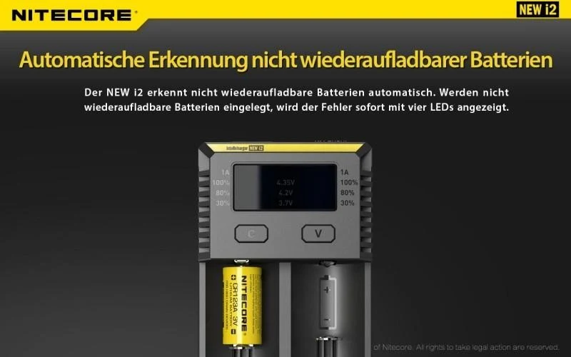 Nitecore NEW i2 - Ladegerät für Li-Ion, LiFePo, Ni-MH, Ni-CD Akkus (Neue Version)