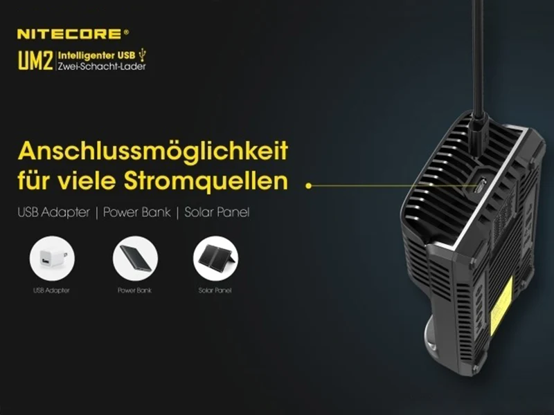 Nitecore UM2 - intelligentes 2 - Schacht USB Ladegerät für Li-Ion, LiFePo4, Ni-MH, Ni-CD Akkus
