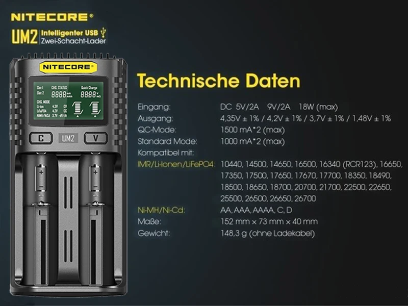 Nitecore UM2 - intelligentes 2 - Schacht USB Ladegerät für Li-Ion, LiFePo4, Ni-MH, Ni-CD Akkus