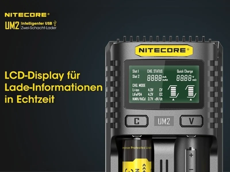 Nitecore UM2 - intelligentes 2 - Schacht USB Ladegerät für Li-Ion, LiFePo4, Ni-MH, Ni-CD Akkus