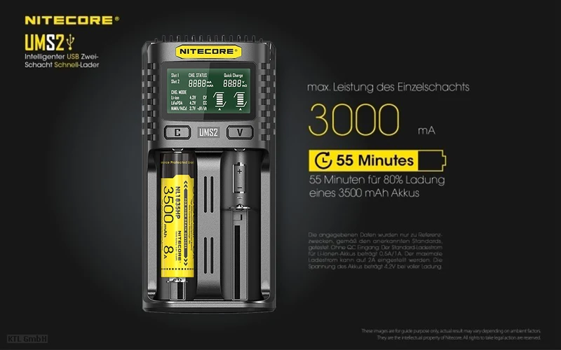Nitecore UMS2 - intelligentes 2 - Schacht USB Ladegerät für Li-Ion, LiFePo4, Ni-MH, Ni-CD Akkus