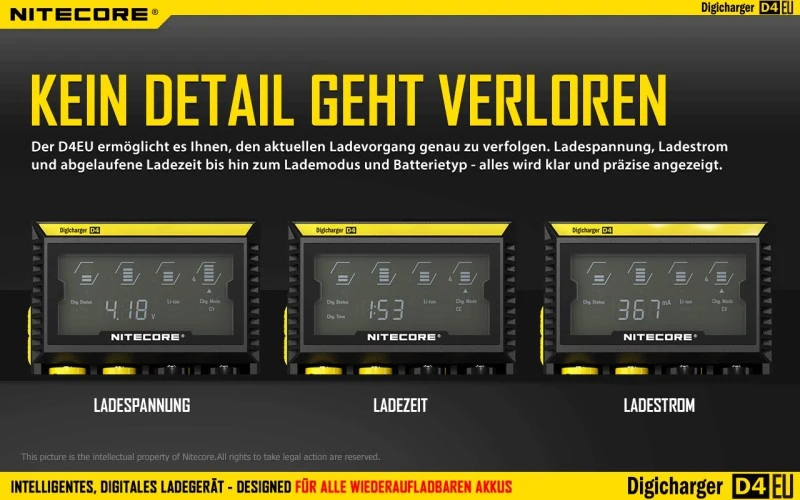 Nitecore Sysmax Digicharger D4 EU - intelligentes Ladegerät für Li-Ion, LiFePo4, Ni-MH, Ni-CD Akkus