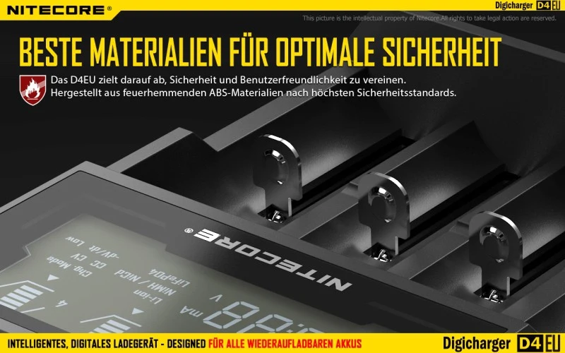 Nitecore Sysmax Digicharger D4 EU - intelligentes Ladegerät für Li-Ion, LiFePo4, Ni-MH, Ni-CD Akkus