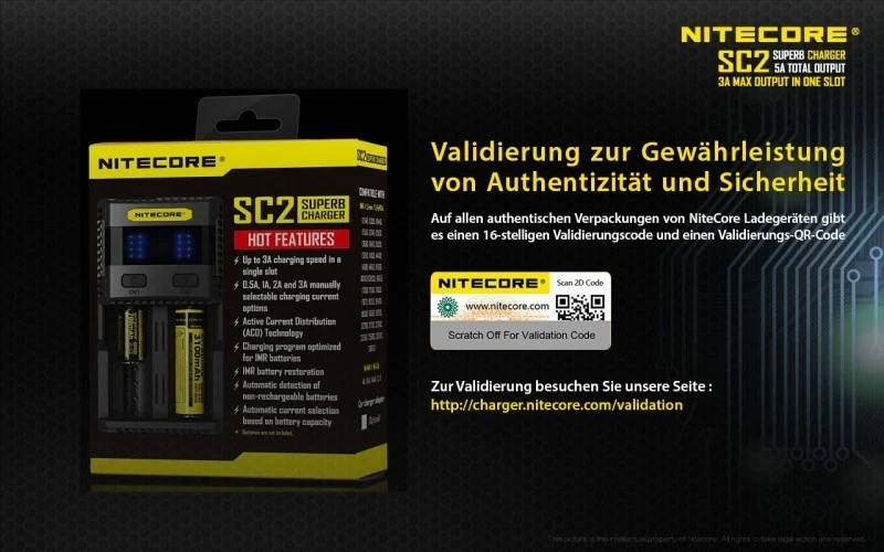 Nitecore SC2 SUPERB - 3A Zwei-Schacht-Schnellladegerät für Li-Ion, LiFePo, Ni-MH Akkus